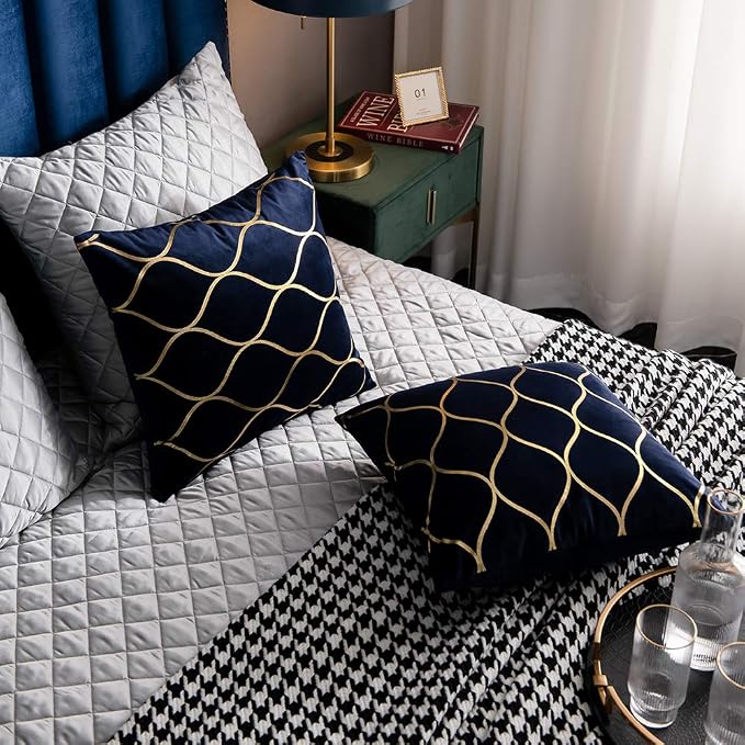 Gold Velvet Throw Pillow Covers Navy: 2 Pack 16x16 Inch Square Decorative Pillow Cases for Bedroom Sofa Couch Living Room