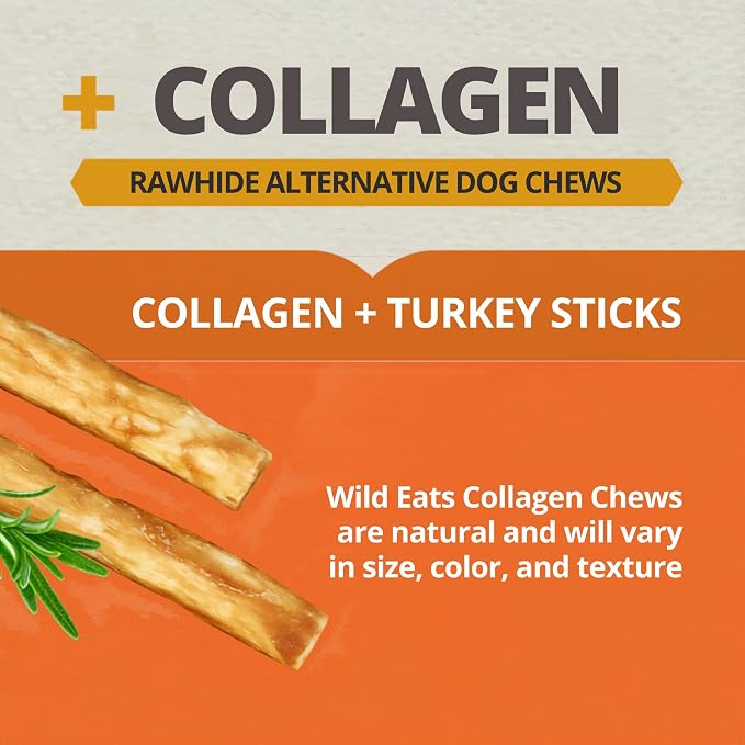 Wild Eats Turkey Collagen Sticks for Dogs 25 Pack, Bully Stick Alternative | Rawhide and grain free no hide chew treats, 0.6 cm chew width, high protein, long lasting, satisfies natural gnawing urges