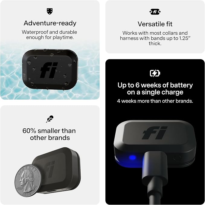 Fi Mini Attachable GPS + Activity Tracker for Cats, 12-Month Membership | Smart GPS collar attachment with virtual fences, escape alerts, health and step tracking. Lightweight and waterproof.