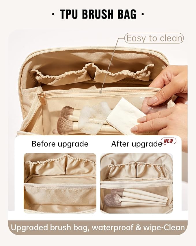 EACHY Travel Makeup Bag, Large Capacity Cosmetic Bag for Women, Waterproof PU Leather, Flat Open Portable Toiletry Bag for Skincare, Brushes & Travel Essentials