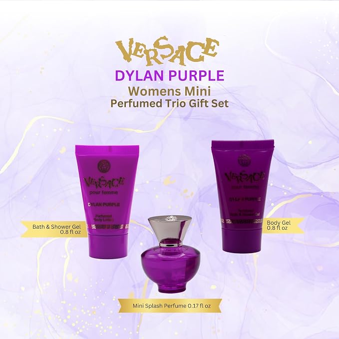Versace Dylan Purple for Women 3 Piece Set Includes: 0.17 oz Eau de Parfum + 0.8 oz Perfumed Bath Shower Gel + 0.8 oz Perfumed Body Lotion