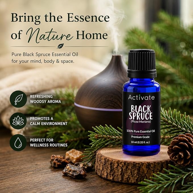 Black Spruce Essential Oil (Picea Mariana), 100% Pure Premium Grade, Steam Distilled Essential Oil for Diffusers, Aromatherapy, Massage, DIY Soap, Candle Making, Home Fragrance & Craft Projects, 10 mL