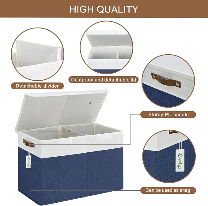 Large Toy Storage Box with Lids, Collapsible Sturdy Baby Storage Organizer Chest Bin Basket for Kids, Boys, Girls, Playroom, Nursery, Bedroom, Closet 25"x13"x16" (Navy Blue and White)