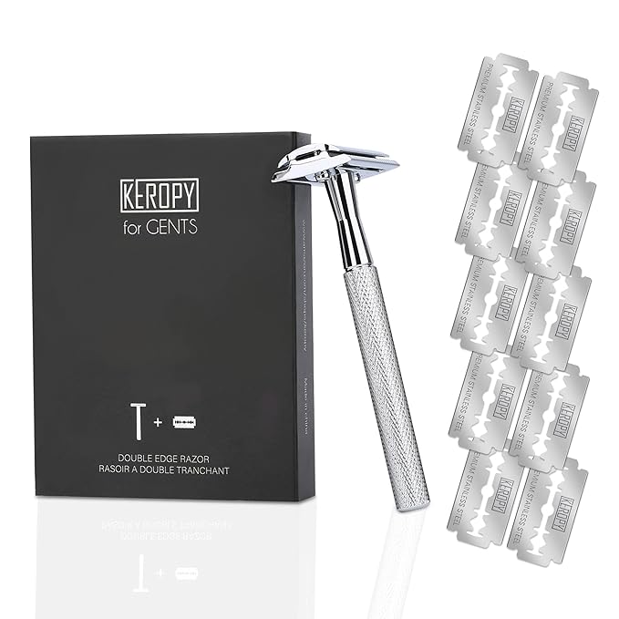 KEROPY Single Blade Safety Razor With 10 Premium Stainless Steel Blades Double Edge Safety Razors For Men, Smooth Wet Shave Experience, Glossy Silver
