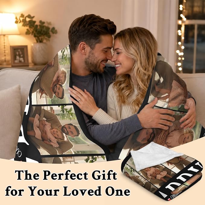 Fathers Day Birthday Gift for Dad Custom Blanket with 6 Photo & Text, Personalized Blankets with Picture to My Dad, HD Printing Customized Flannel Throw Blanket Gifts for Best Daddy Grandpa Ever