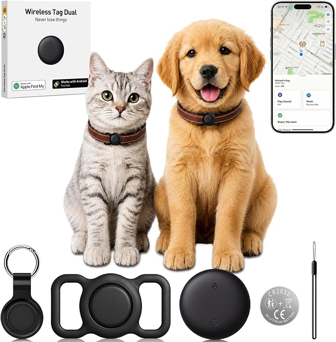 GPS Tracker for Dogs and Cats, iOS & Android, Real-Time Tracking (Matte Black) | Pet Tracker for Apple Find My or Google Find Hub; no monthly fee, 7-day history, IP67 water resistance and spare battery.