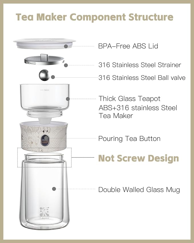 ZENS Cool Glass Teapot with Infuser, Smart One Touch Tea Maker for Loose Tea Diffusers with Insulated Mug and Portable Tea Kits, Enchanted Teapot Alternatives for Tea Lover Gifts