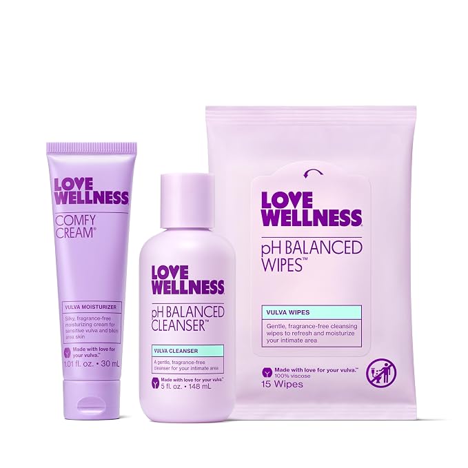 Love Wellness Skincare for Down There Bundle | Gentle pH Balanced Cleanser, Moisturizing Comfy Cream & Refreshing Wipes | Feminine Care for pH Balance, Dry & Sensitive Vulva | Fragrance-Free