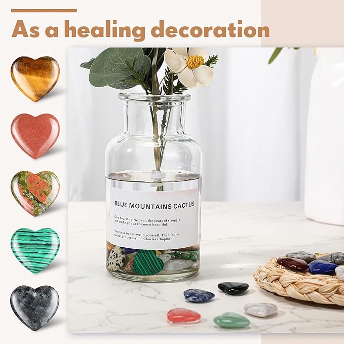 Nuenen 40 Pcs 0.8 Inch Heart Shaped Crystal Valentines Gift Worry Stone Bulk Heart Rock Tiny Trinkets Healing Crystal Gemstone Palm Pocket Love Carved Rock for Mom Women Meditation