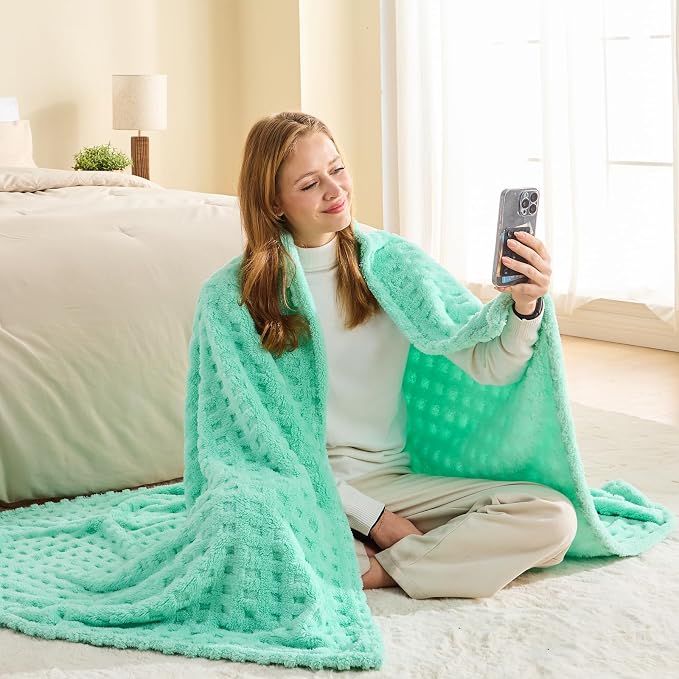 NEWCOSPLAY 3D Waffle Checkered Flannel Queen Blanket, Aqua, 90"x90" | Super Soft Cute Lightweight Decorative Premium Silky Fleece Blanket for Couch Sofa Bed, Gift for Women Men, All Season Use