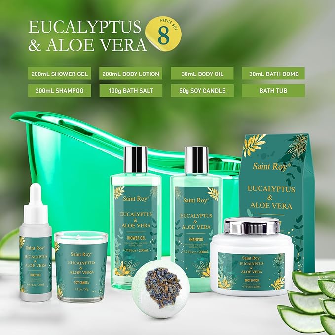 Mother day Spa Gift Basket, bath and body Basket, Christmas Gifts for Women Her him, Bath Baskets for Women, 8 pcs Eucalyptus Aloe Spa shower gift, Birthday Gifts bath kit, Self Care Bath Gift Set