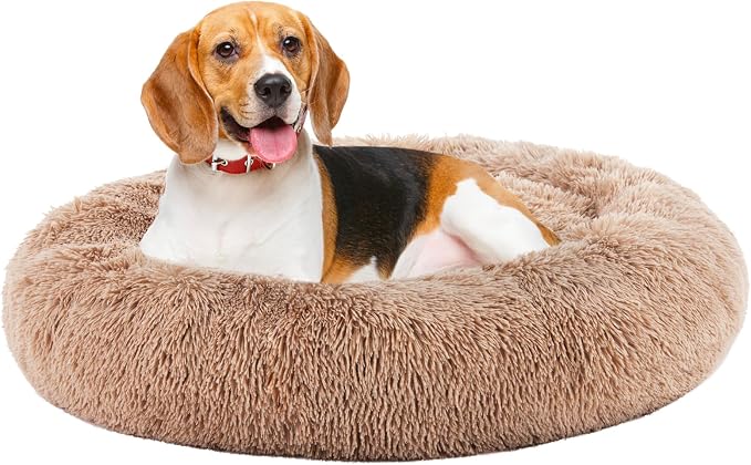 DUMOS 37.4x37.4 Inch XL Donut Dog Bed for Indoor Use, Fluffy Faux Fur Plush | Warming Cozy Round Pet Bed, Machine Washable Cuddler, Anti-Slip Bed for Dogs and Cats, Brown