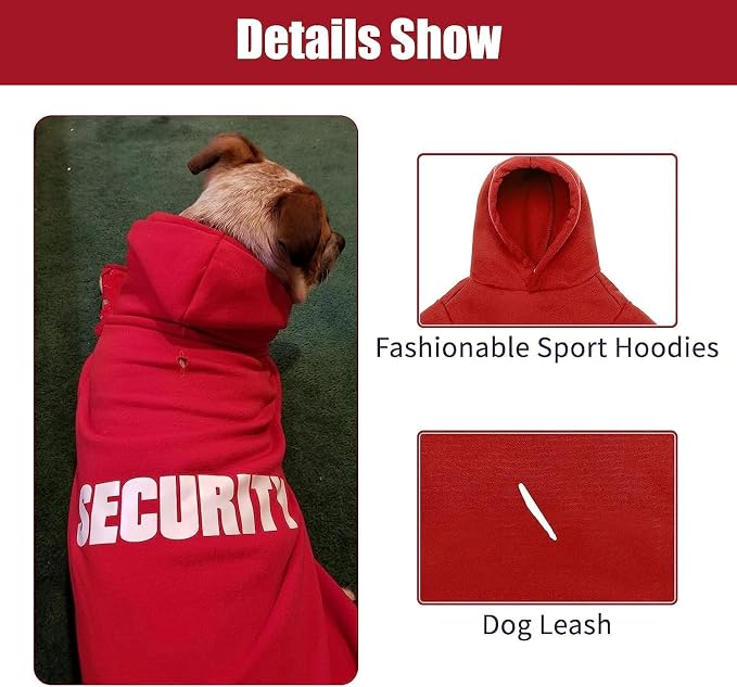 BINGPET Security Dog Hoodie, Pet Sweater Clothes with Leash Hole, Red | Warm Dog Sweatshirt for Small Medium Large Dogs, All-Season Cold Weather Comfort & Fit, Soft Winter Hooded Pullover Outfit