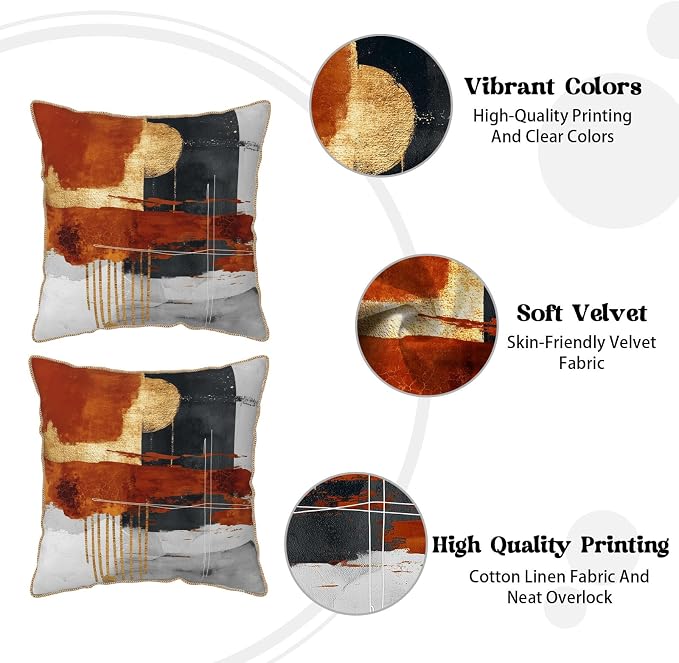 Retro Burnt Orange Gold Velvet Pillow Covers 20x20 Inch Abstract Rust Gray Black Throw Pillows For Couch Cushion Covers Pillowcase Rustic Farmhouse Pillow Cases for Sofa Bed Living Room Outdoor