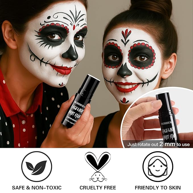 BOBISUKA White Face & Body Paint Stick Water-Based Washable Face Paint Makeup Stick for Halloween Clown, Joker, Skeleton, Zombie, Mime, Cosplay, SFX, Sports Eye Black & Costume Party