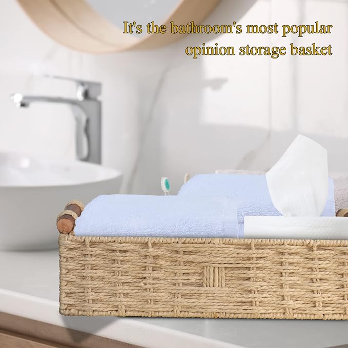 STOBSK Round Paper Rope Storage Basket with Handle, Beige, 14.5in x 6.6in x 3.74in | with Handle for Bedroom Home Decor and Shelves Apartment Countertop Use,Beige