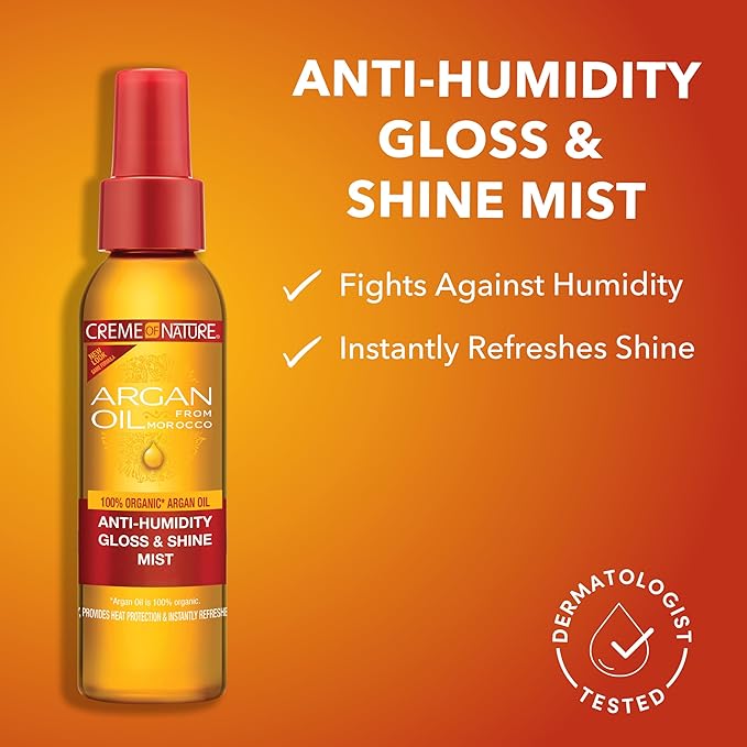 Creme of Nature Anti-Humidity Gloss & Shine Mist, Lightweight Frizz Control and Heat Protection, Infused with 100% Organic Argan Oil from Morocco, 4 oz
