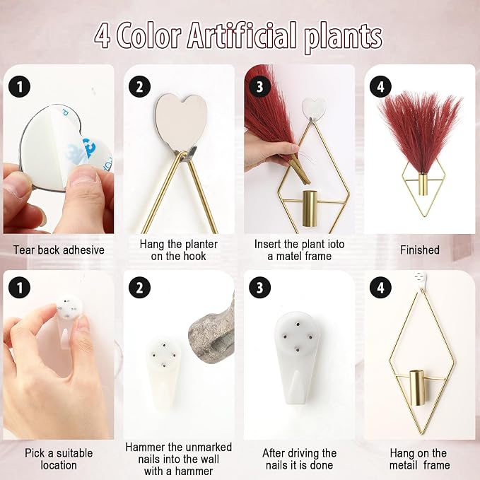 Hanaive 4 Sets Boho Wall Decor Metal Wall Art Hanging Planters with Artificial Pampas Display Modern Home Vase for Bedroom Home Office (Brilliant,Burgundy)