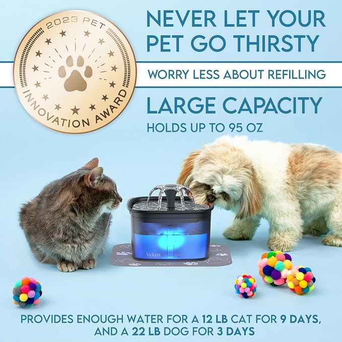 Veken Innovation Award Winner 95oz/2.8L Cat Water Fountain | Automatic Pet Fountain Dog Water Dispenser with Replacement Filters & Silicone Mat for Cats, Dogs (Space Black, Plastic)
