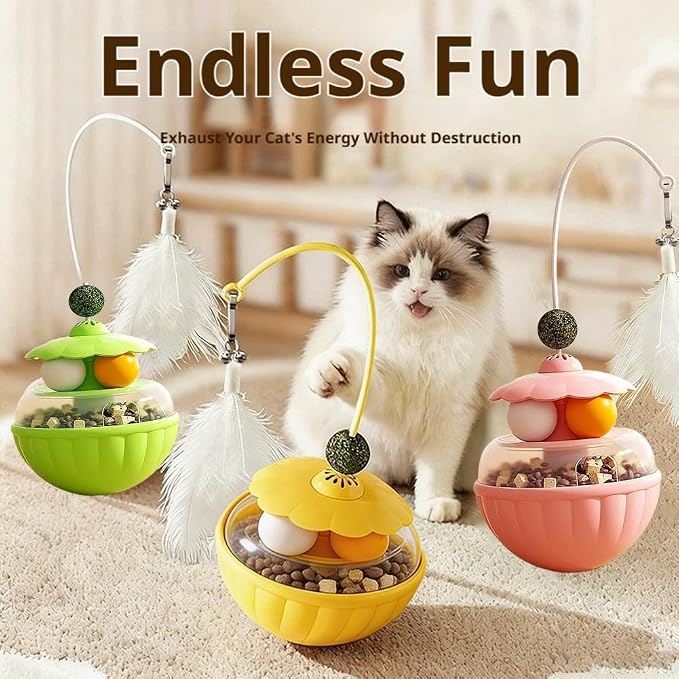 Cat Tumbler Food Dispenser Toy, 3-in-1 Slow Feeder Interactive Cat Puzzle with Dual Track Balls & Feather Wand, Self-Balancing Cat Treat Toy for Indoor Cats, Boredom Buster for Anxiety Relief
