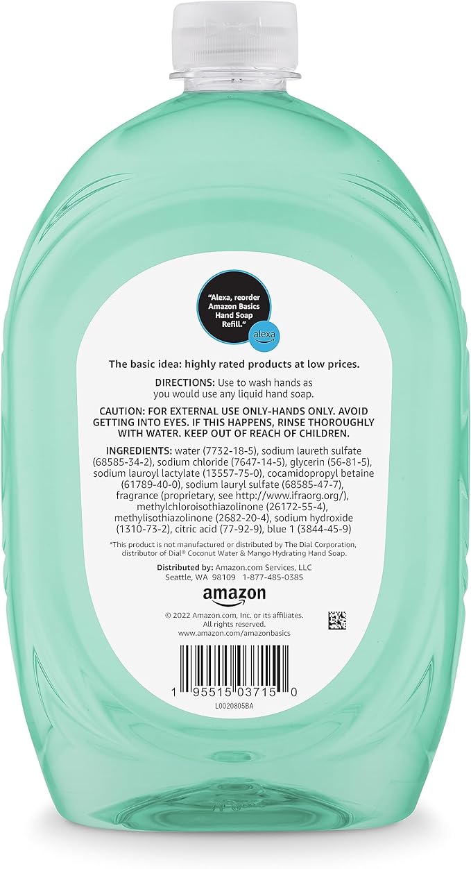 Amazon Basics Liquid Hand Soap Refill, Mango & Coconut Water Scent, Triclosan-Free, 50 Fl Oz (Pack of 4)