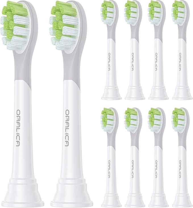 Oralica - Japanese Brand Whitening Replacement Toothbrush Heads, Compatible with Philips Sonicare Click-on Handles, 10 Pack, Medium, with Tongue Cleaner (CA668, White)