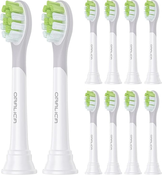 Oralica - Japanese Brand Whitening Replacement Toothbrush Heads, Compatible with Philips Sonicare Click-on Handles, 10 Pack, Medium, with Tongue Cleaner (CA668, White)