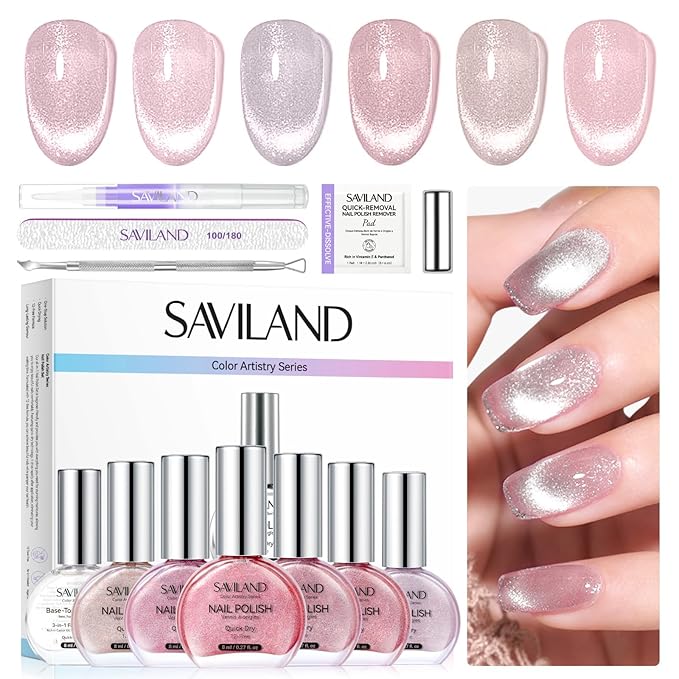 SAVILAND Cat Eye Nail Polish Kit: 6+1 Colors Quick-Dry Magnetic Sparkle Diamond Glitter Nude Pink Nail Polish Set with 3-in-1 Base Top Coat Cuticle Oil 12-Free Fingernail Polish Women Gift