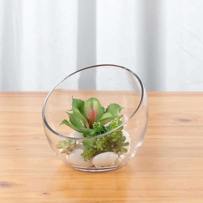 WGVI Clear Slant Cut Bowl Glass Vase, Glass Terrarium, Candy Dish, Glassware, Slant Cut, 7" Width, 6" Height (8 Pieces)