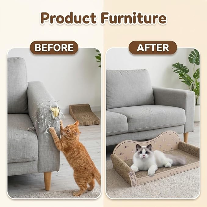 Cat Scratcher Couch, 26’’ Large Cardboard Scratcher Bed - Orthopedic Pet Lounge with Scratching Pad, Furniture Protector for Indoor Cats