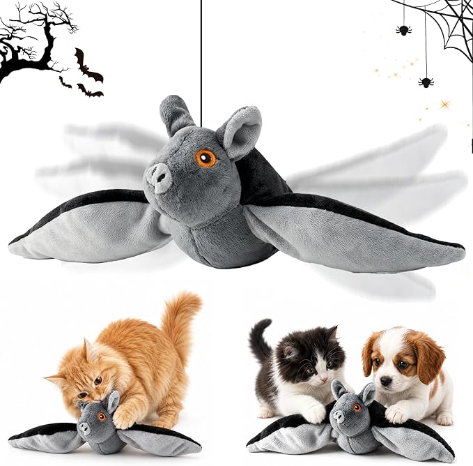 Flying Bat Toy for Dogs & Cats, Flapping Wings Interactive Pet Toy, Flapping Bat Toy with Chirping Engages Cats and Dogs, Cute Interactive EET Teaser, Flapping Wings Cute Bat