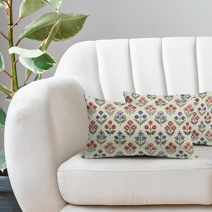 4th of July Patriotic Floral Pillow Covers 12x20 Inch Set of 2, Navy Blue Red Green Flower Block Print Decorative Throw Pillowcases Outdoor Memorial Day Holiday Cushion Covers Sofa Couch Bed Decor