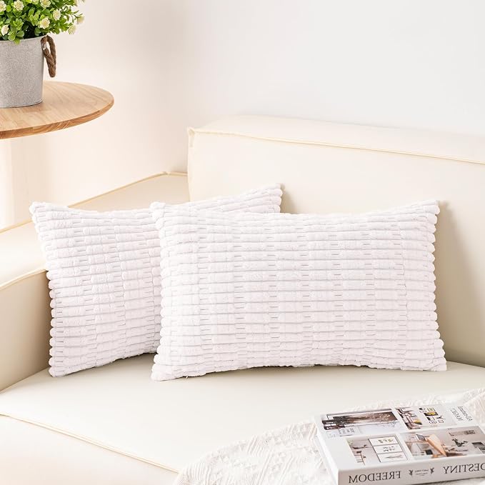 Aegero Pack of 2 Corduroy Decorative Throw Pillow Covers 12x20 Inch,White | Fall Soft Striped Pillow Covers Modern Farmhouse Home Decor Christmas Throw Pillow Covers for Sofa Living Room Couch Bed