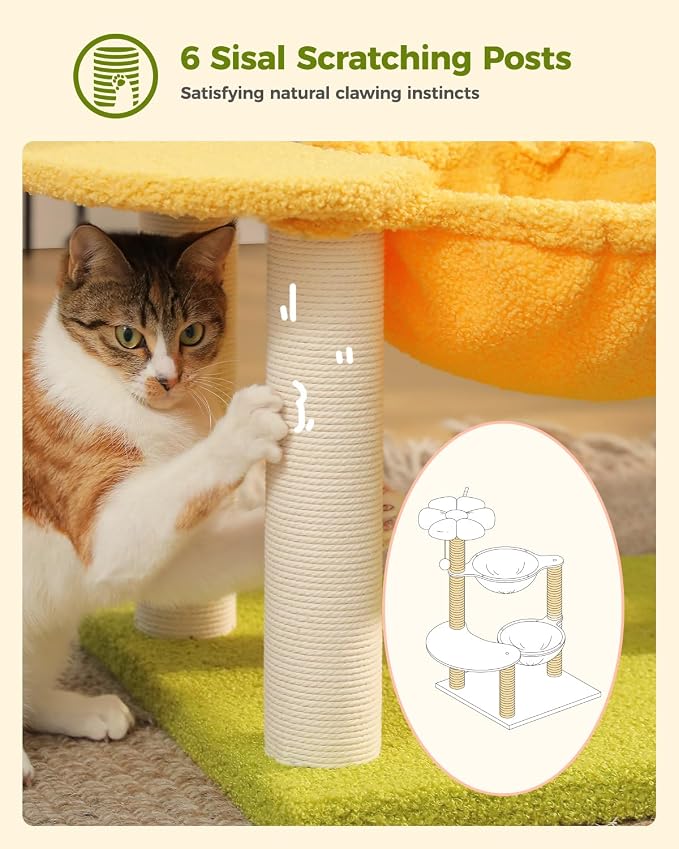 37.4" Flower Cat Tree with 2 Hammocks & 6 Sisal Posts, Yellow | Flower top perch, 2 spacious hammocks, 6 sisal posts, Cute small tower, For indoor kittens, Sturdy build
