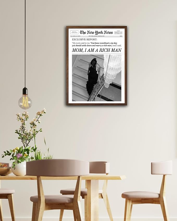 EcoHest 12x16 in Mom I Am a Rich Man Newspaper Framed Wall Art | Walnut Color Solid Oak Frame, Canvas Wall Art, Girly Fashion Magazine Decor for Bedroom, Apartment, Dorm, College Room, 1Pack