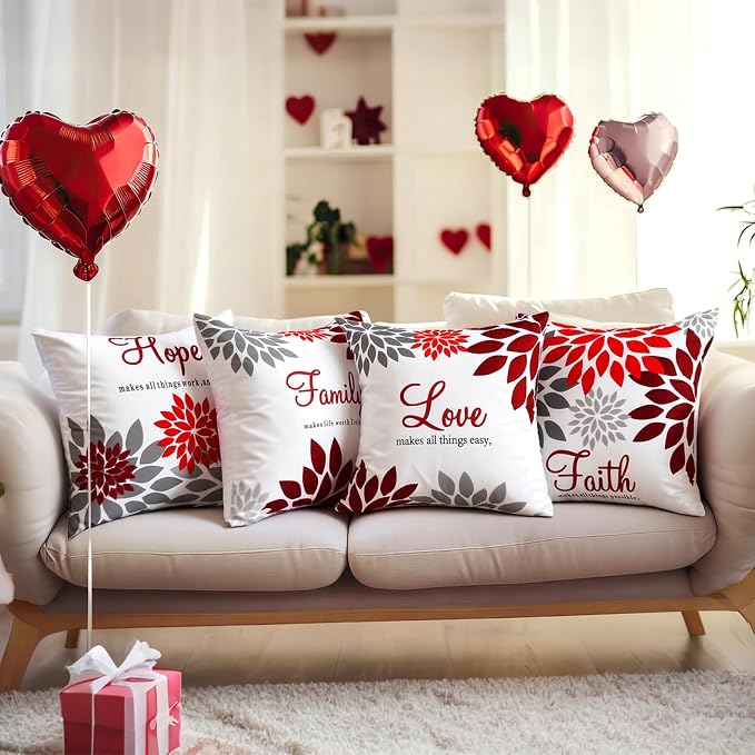 Tatuo 4 Pcs Flower Pillow Covers Square Summer Pillow Cushion Cases 18 x 18 Inch Family Faith Hope Love Words Decorative Spring Winter Cushion Case for Bed Couch Sofa Living Room(Red Series)