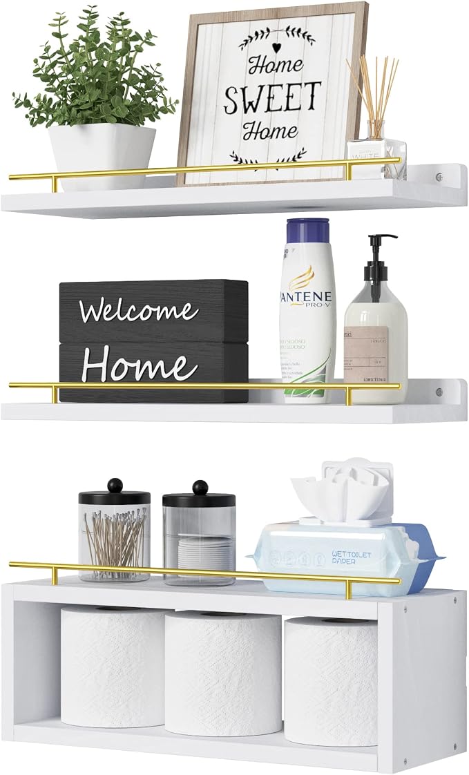 Floating Shelves for Wall with Cube Shelf, Wall Shelves with Metal Rail for Decor, Bathroom Organizers and Storage, Over Toilet Shelves for Bathroom, Toilet Paper-White&Gold