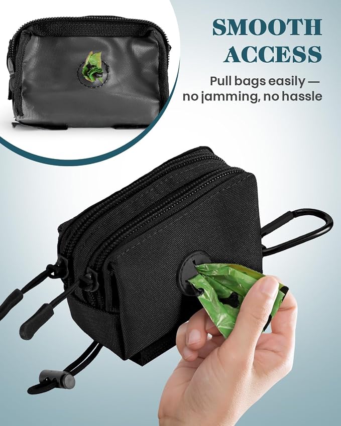 Dog Poop Bag Holder for Leashes, Black Doggie Waste Bag Dispenser and Treat Holder, with Carabiner Hook and Poop Bag Clip, Used Waterproof Wear-Resistant Fabric and 2 Zippered Pouches for Walking