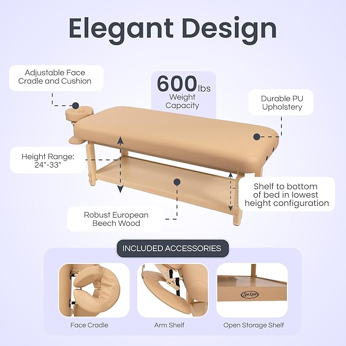 Professional Stationary Massage Table with Adjustable Headrest and Arm Shelf - Premium 3.5" Multi-Layer Soft-Foam System, Ergonomic Design Table for Therapists - 30" W x73 L - (Beige)
