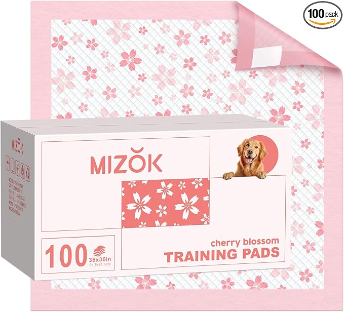 MIZOK Pink Puppy Pads with Adhesive Tabs Disposable Pee Pads 36x36in 100Ct | Giant Potty Pads Feature Sticky Corners and Extra Thick Layers Ideal for Multiple Pets or Big Dog Poop Pads Needs