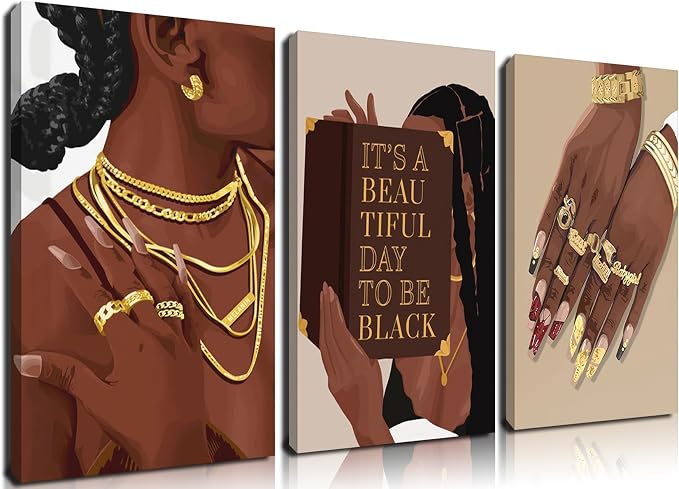 Marllifenney 3 Pcs Black Woman Wall Art Framed Black Girl Posters Abstract African American Canvas Prints Black Women Painting Decor Modern Boho Female Pictures for Bedroom Living Room Office 16x24in
