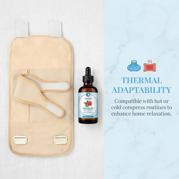 Tavio Castor Oil Pack Wrap Kit - Celara Reusable Organic Cotton Flannel Wrap for Body Comfort & Relaxation, Adjustable Wellness Pack for Stomach, Neck, Knee & Back, Hot or Cold Compress Compatible (2)