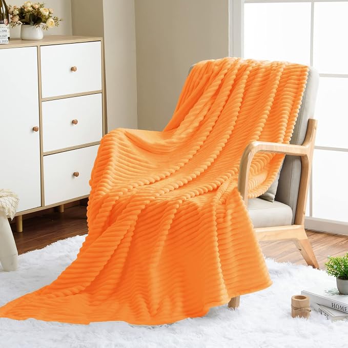 Vessia Flannel Fleece Throw Blanket for Couch,Sofa,Bed, 300GSM Microfiber Light Orange Striped Chair Blanket for Adults and Kids, Super Soft Warm Cozy Lightweight Ribbed Throw for All-Season