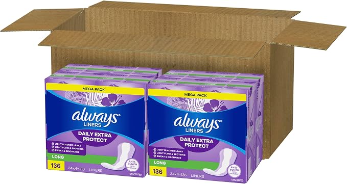 Always Panty Liners for Women Anti-Bunch Xtra Protection Daily Liners, Long, Unscented, 272 Count (Pack of 2)