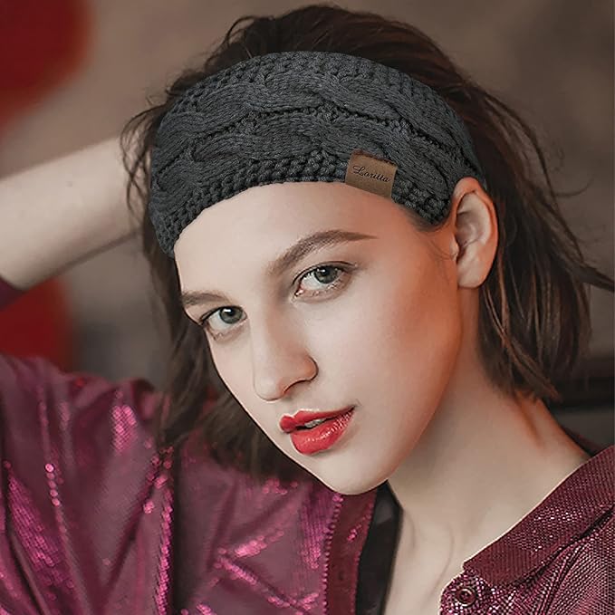 Loritta 2 Pack Headbands for Women Winter Warm Cable Knit Ear Warmer Thick Head Wrap Fuzzy Fleece Lined Gifts