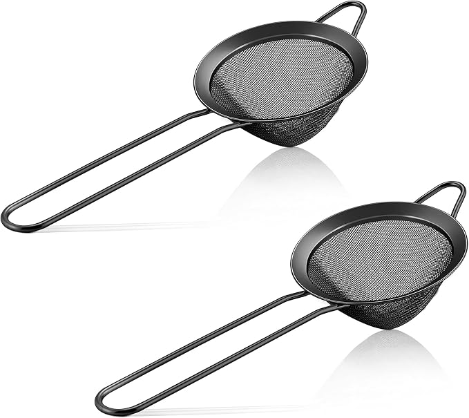 Black Small Strainer Set of 2, E-far 3.3 Inches Stainless Steel Fine Mesh Sieve with Long Handle, Metal Conical Strainers for Tea Cocktail Coffee Food, Rust Proof & Easy to Clean