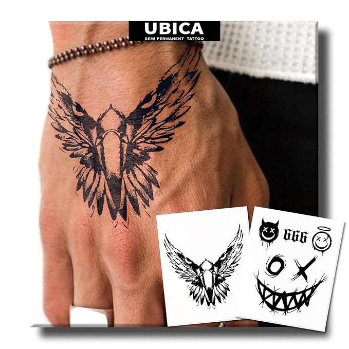 2 Sheets Long Lasting Eagle Temporary Fake Tattoos For Men Arm Hand Neck,Evil 666 Semi Permanent Tattoo For Adults Boys,Realistic, Waterproof and Non-Reflective
