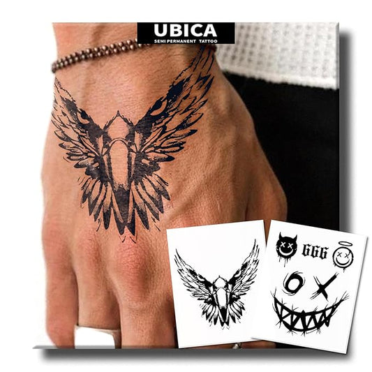 2 Sheets Long Lasting Eagle Temporary Fake Tattoos For Men Arm Hand Neck,Evil 666 Semi Permanent Tattoo For Adults Boys,Realistic, Waterproof and Non-Reflective