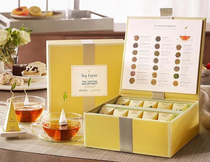 Tea Forte Premium Tea Chest Presentation Box Gift Set Sampler, 40 Count Individually Wrapped Handcrafted Pyramid Tea Infuser Bags, Assorted Classic