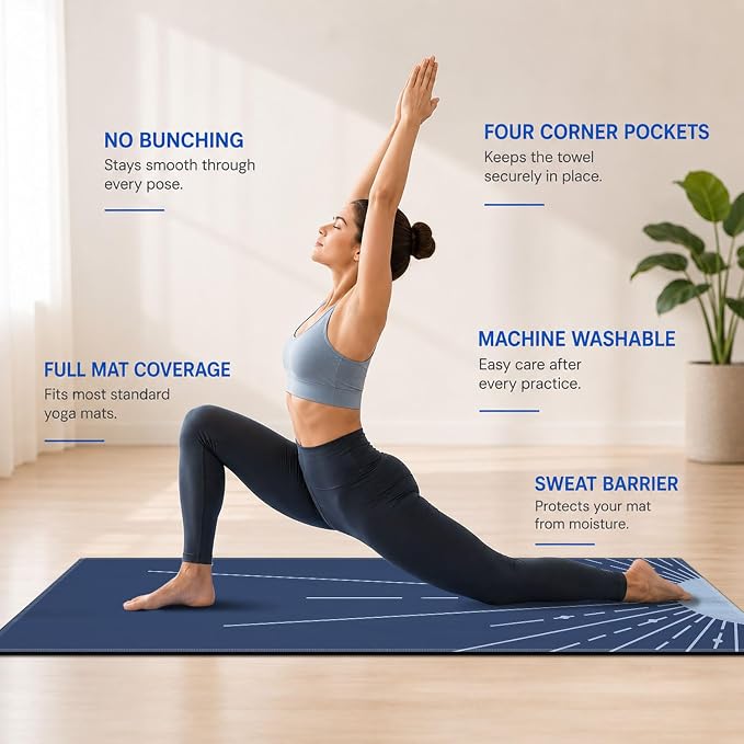 Yoga Mat Towel, Hot Yoga Non Slip with 4 Corner Pockets, 74 x 26 in | Soft Absorbent Microfiber With Four Corner Pockets, Fits Over Yoga Mats For Hot Yoga, Pilates, Gym, And Travel